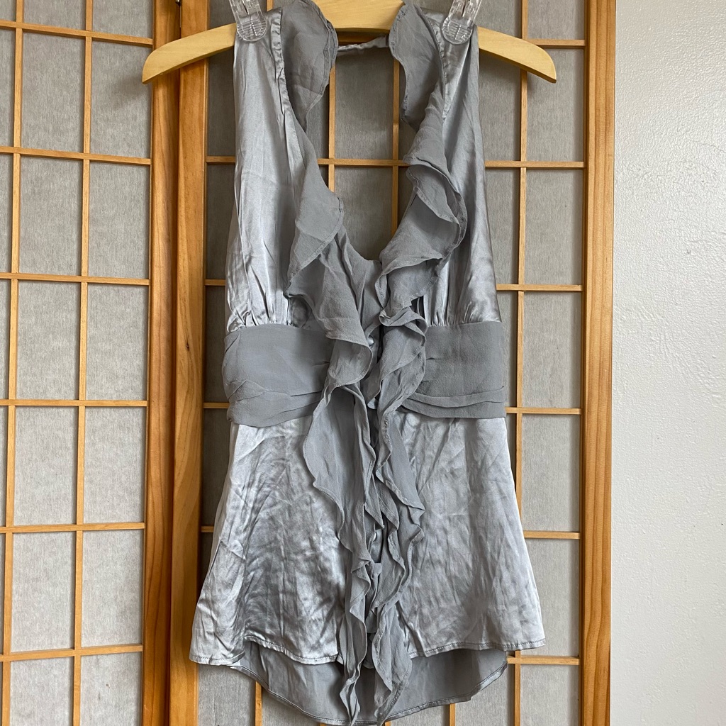 Vintage 100% Pure Silk Silver Halter Ruffle Blouse - Medium